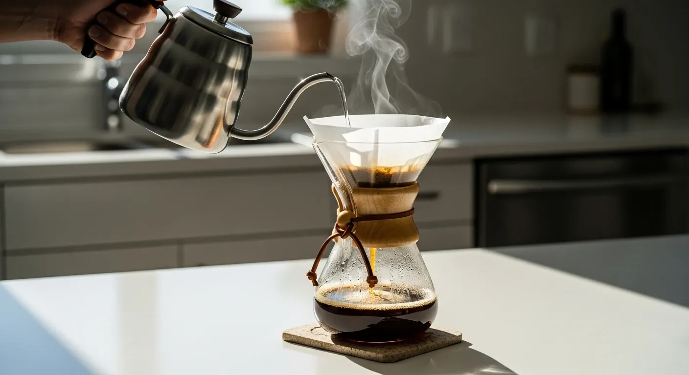 Cafetera Chemex con su icónico collar de madera.