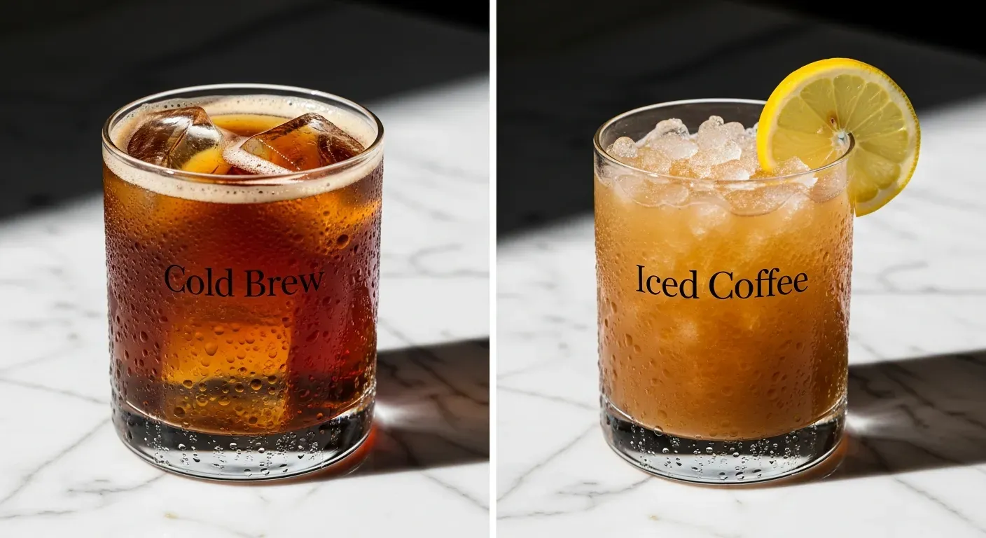 Un vaso con hielos y café concentrado oscuro.