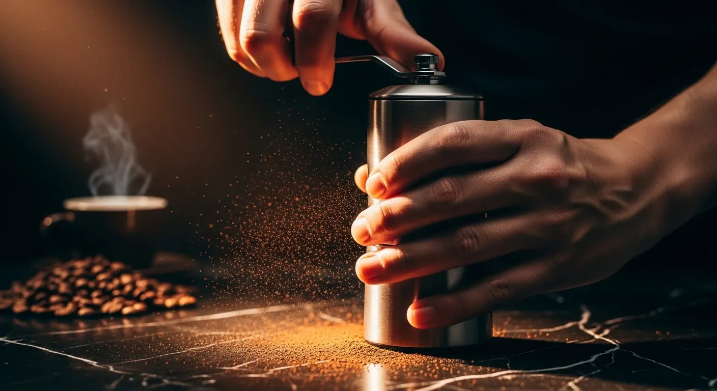 Café en grano cayendo en un molino manual.