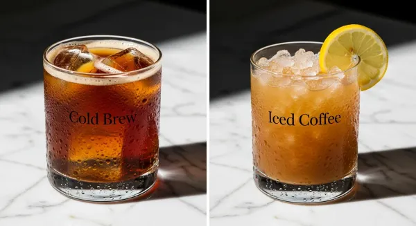 Un vaso con hielos y café concentrado oscuro.