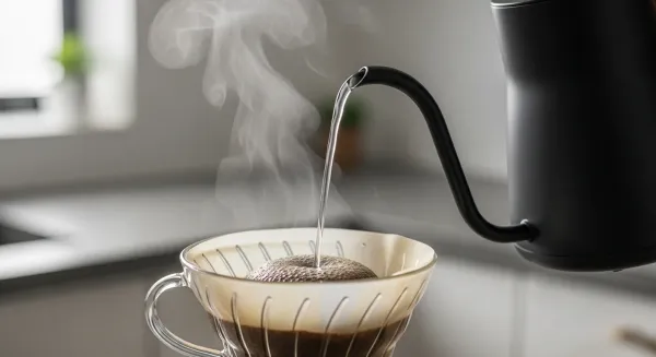 Chorro de agua fino saliendo de una tetera de cuello de cisne.