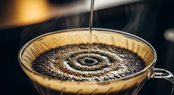 Chorro de agua creando turbulencia en la cama de café.